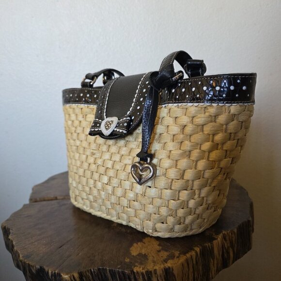 Brighton Straw & Black Leather Woven Tote Bag Heart Charm Polka Dot Trim Purse - Picture 13 of 16